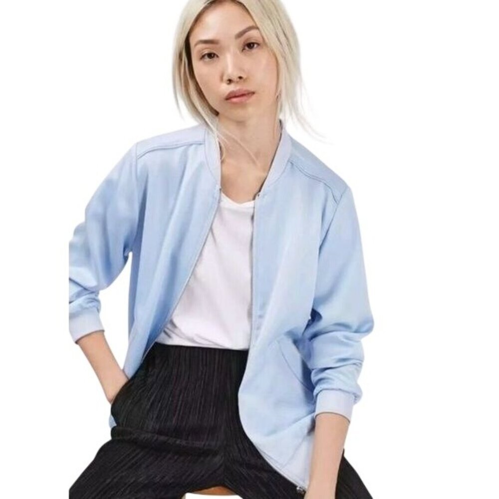 Topshop Light Blue Satin Bomber Jacket Size S Lightweight Pockets